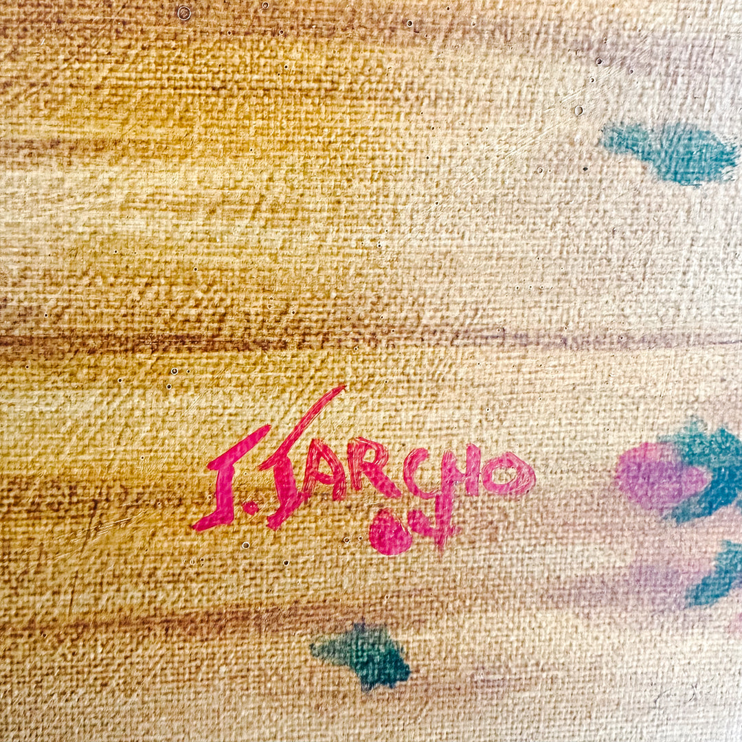 Pair of Large Original Oil Portraits of a Portuguese Water Dog on a Striped Bergère