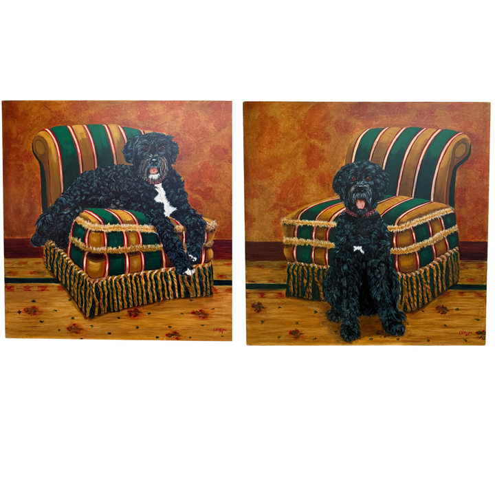Pair of Large Original Oil Portraits of a Portuguese Water Dog on a Striped Bergère