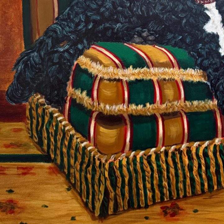 Pair of Large Original Oil Portraits of a Portuguese Water Dog on a Striped Bergère