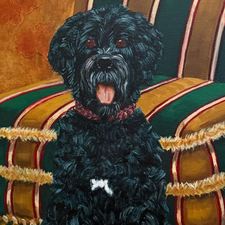 Pair of Large Original Oil Portraits of a Portuguese Water Dog on a Striped Bergère