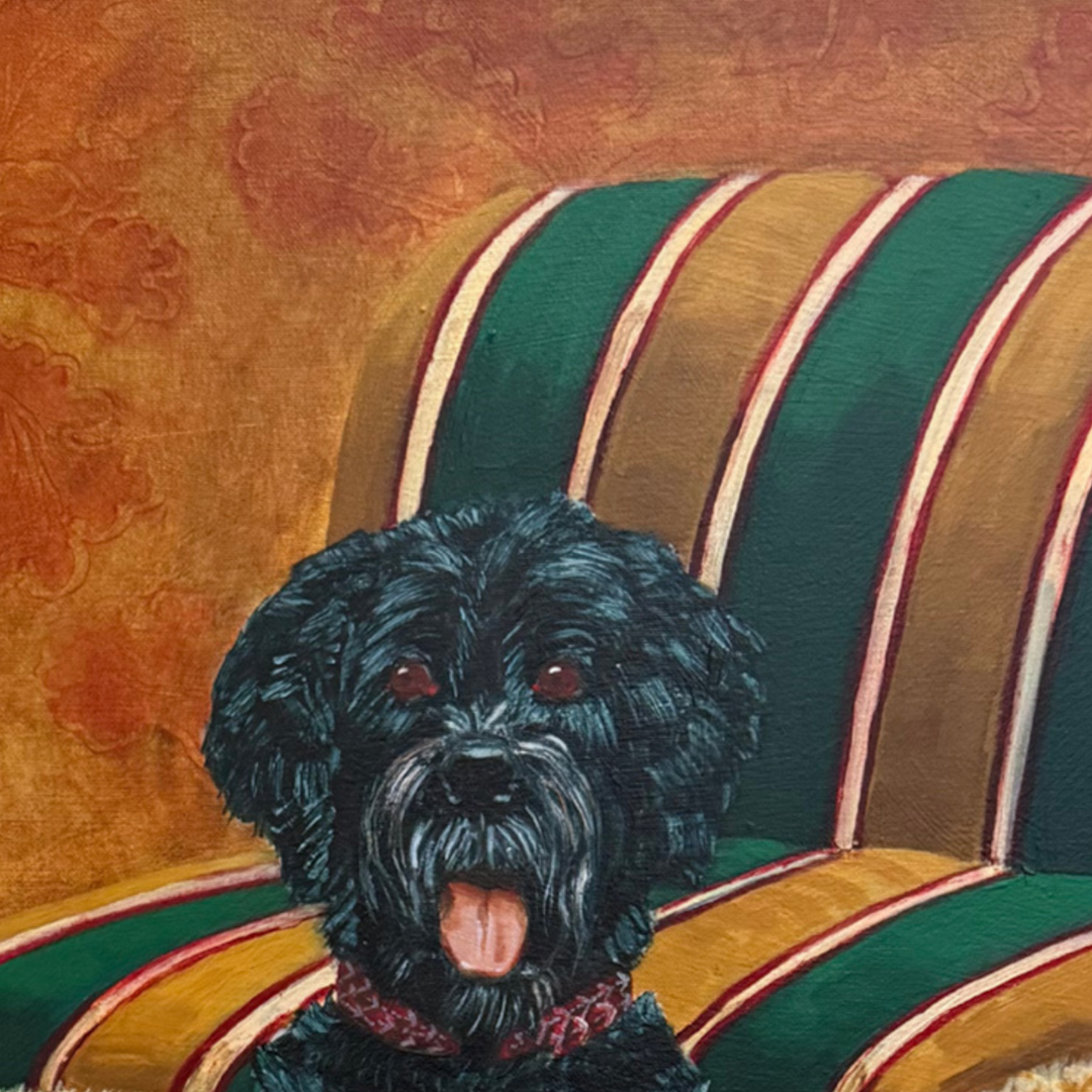 Pair of Large Original Oil Portraits of a Portuguese Water Dog on a Striped Bergère