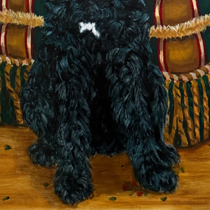 Pair of Large Original Oil Portraits of a Portuguese Water Dog on a Striped Bergère