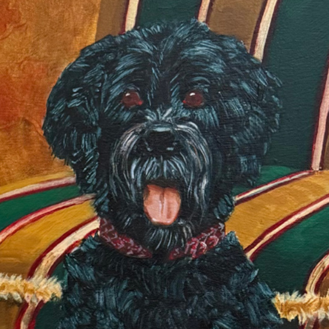 Pair of Large Original Oil Portraits of a Portuguese Water Dog on a Striped Bergère