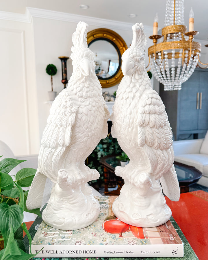 Large Scale Mid-Century Italian Glazed Blanc De Chine Cockatoos