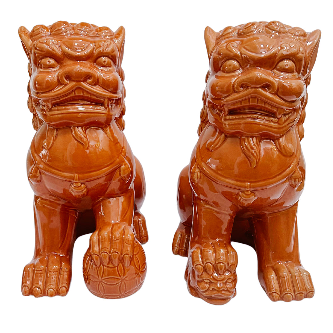 Large Terracotta Glazed Ceramic Foo Dogs
