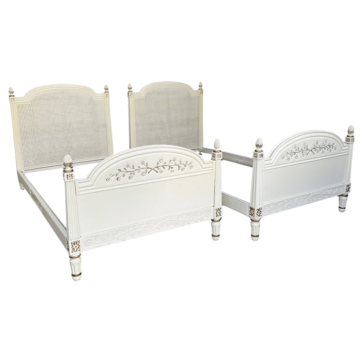 Vintage French Louis XVI Style Creme Peinte & Gilt Twin Cane Beds 