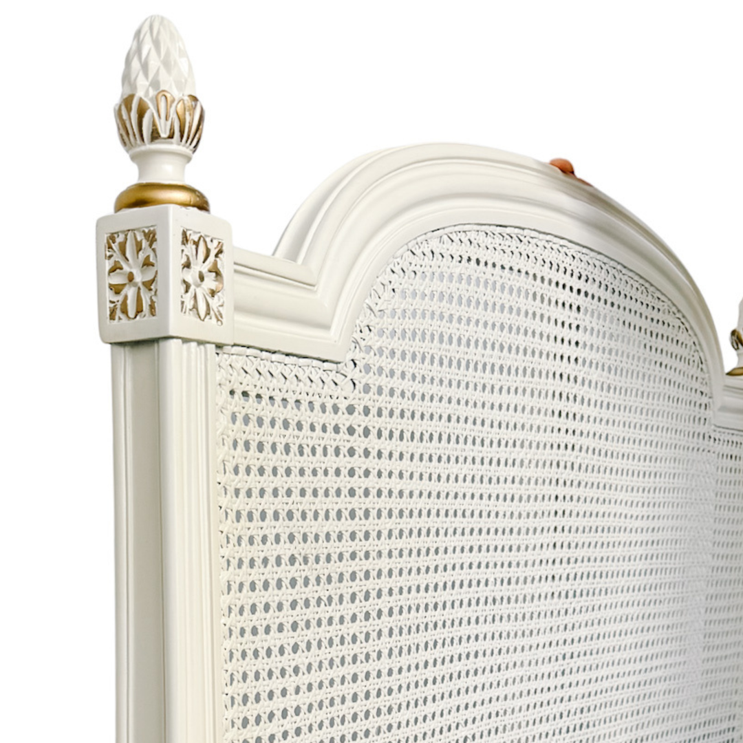 Vintage French Louis XVI Style Creme Peinte & Gilt Twin Cane Beds 