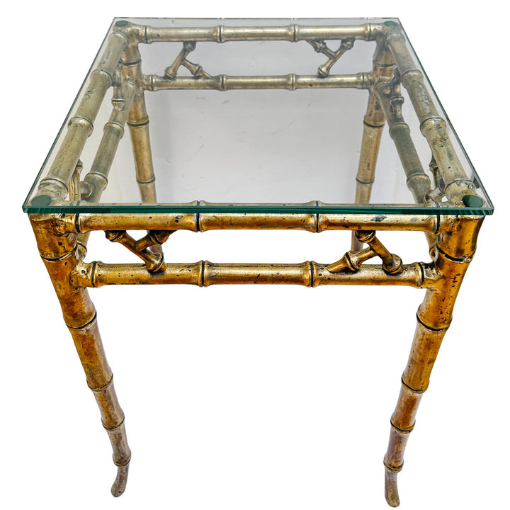 Pair of Mid-Century Gilt Faux Bamboo Side Tables With Glass Tops, Attributed to Phyllis Morris