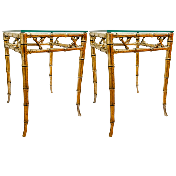 Pair of Mid-Century Gilt Faux Bamboo Side Tables With Glass Tops, Attributed to Phyllis Morris