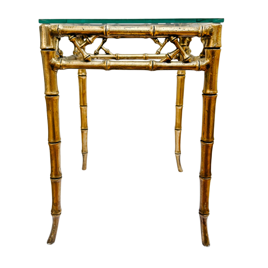 Pair of Mid-Century Gilt Faux Bamboo Side Tables With Glass Tops, Attributed to Phyllis Morris