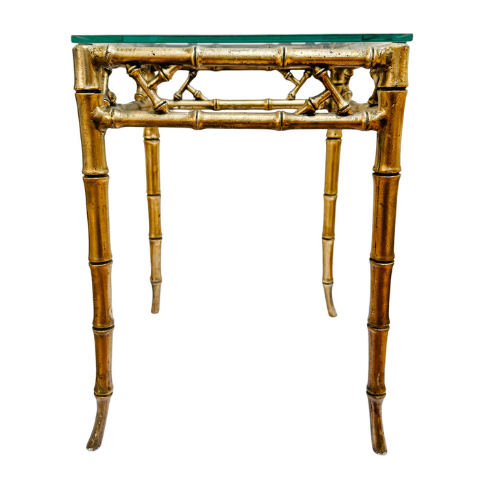 Pair of Mid-Century Gilt Faux Bamboo Side Tables With Glass Tops, Attributed to Phyllis Morris