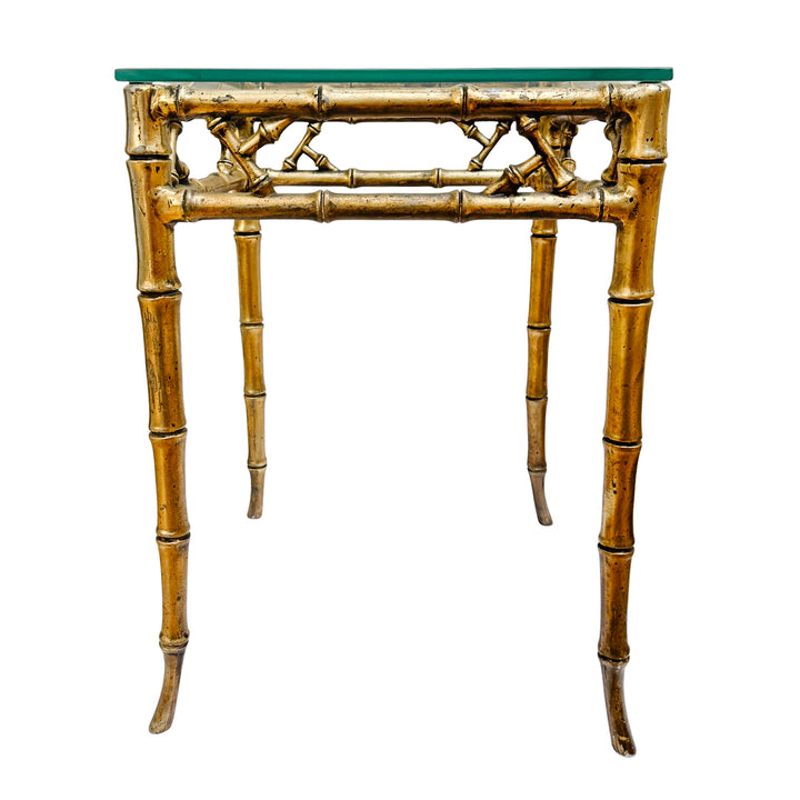 Pair of Mid-Century Gilt Faux Bamboo Side Tables With Glass Tops, Attributed to Phyllis Morris