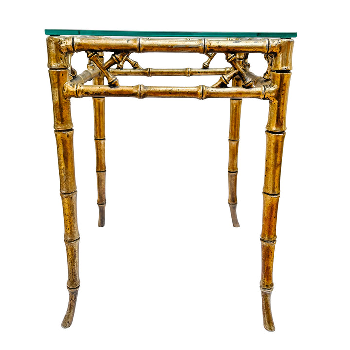 Pair of Mid-Century Gilt Faux Bamboo Side Tables With Glass Tops, Attributed to Phyllis Morris
