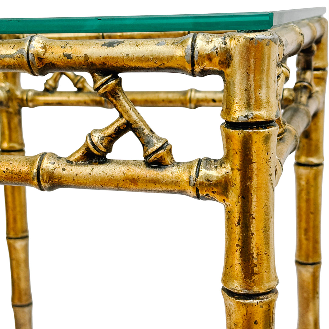Pair of Mid-Century Gilt Faux Bamboo Side Tables With Glass Tops, Attributed to Phyllis Morris