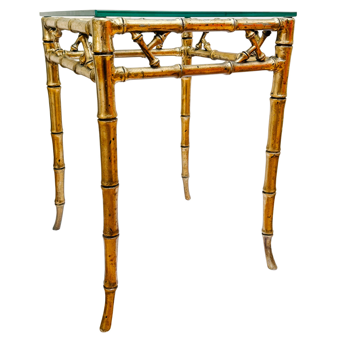 Pair of Mid-Century Gilt Faux Bamboo Side Tables With Glass Tops, Attributed to Phyllis Morris