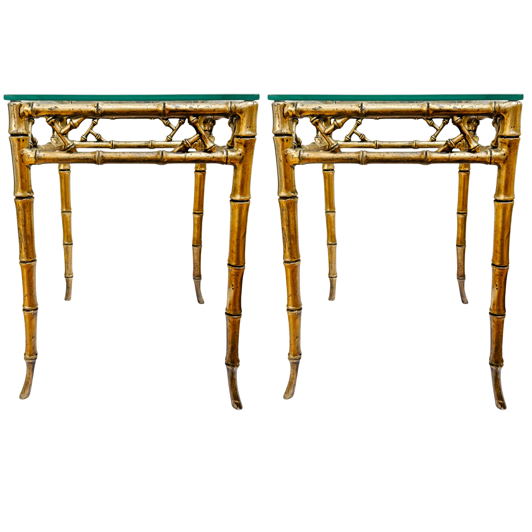 Pair of Mid-Century Gilt Faux Bamboo Side Tables With Glass Tops, Attributed to Phyllis Morris