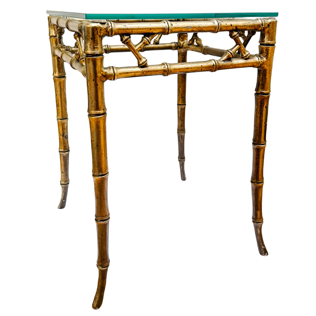 Pair of Mid-Century Gilt Faux Bamboo Side Tables With Glass Tops, Attributed to Phyllis Morris