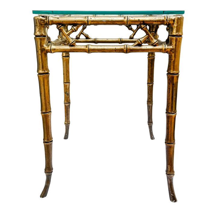 Pair of Mid-Century Gilt Faux Bamboo Side Tables With Glass Tops, Attributed to Phyllis Morris