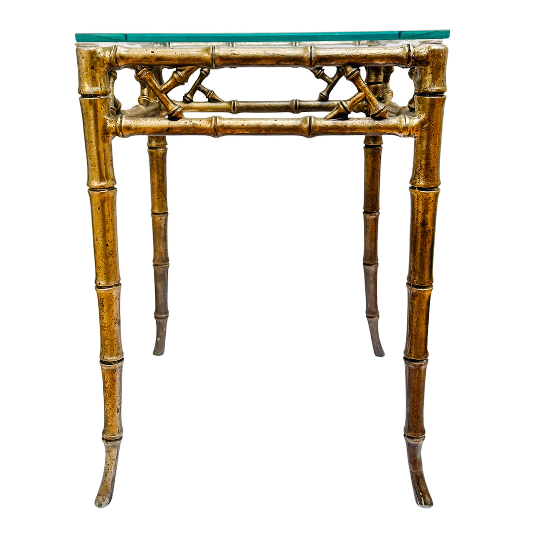 Pair of Mid-Century Gilt Faux Bamboo Side Tables With Glass Tops, Attributed to Phyllis Morris