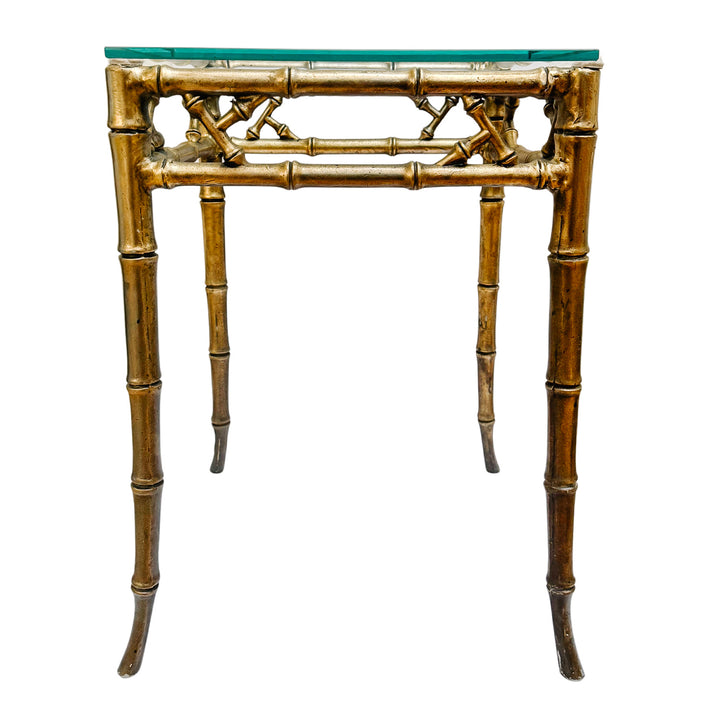 Pair of Mid-Century Gilt Faux Bamboo Side Tables With Glass Tops, Attributed to Phyllis Morris