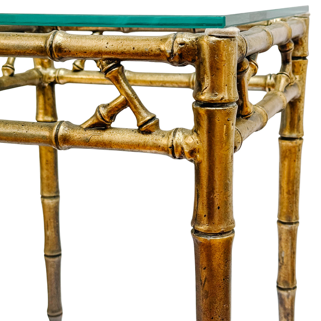 Pair of Mid-Century Gilt Faux Bamboo Side Tables With Glass Tops, Attributed to Phyllis Morris