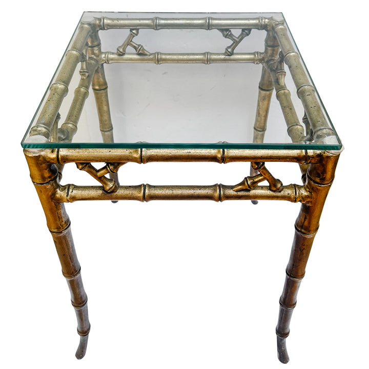 Pair of Mid-Century Gilt Faux Bamboo Side Tables With Glass Tops, Attributed to Phyllis Morris