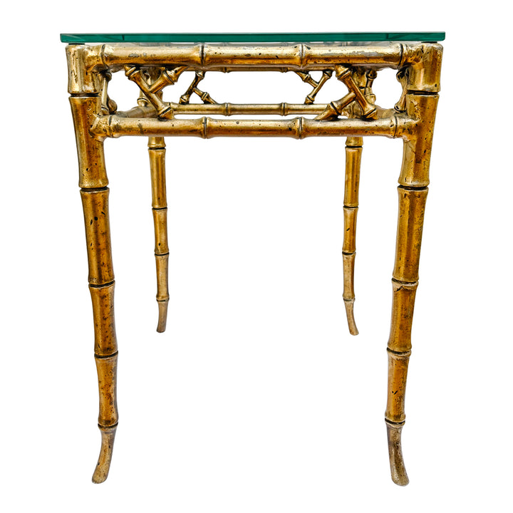 Pair of Mid-Century Gilt Faux Bamboo Side Tables With Glass Tops, Attributed to Phyllis Morris