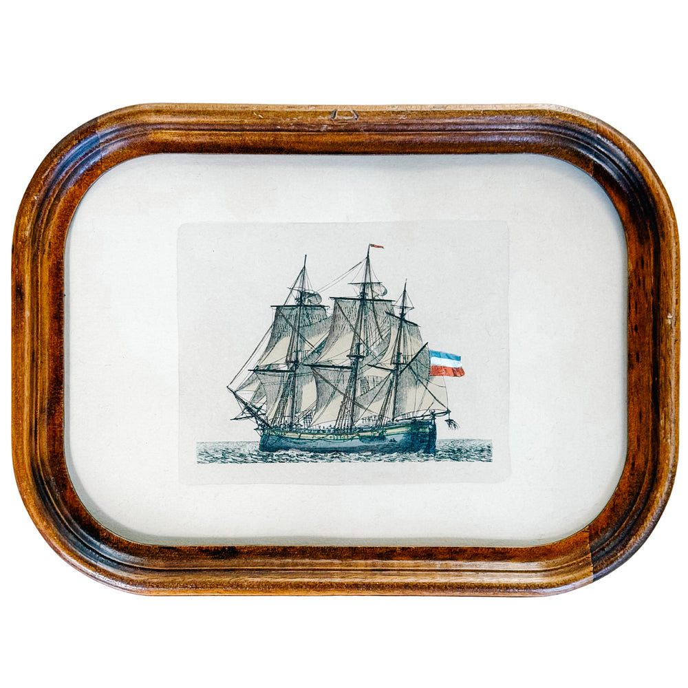 Pair of Mid-Century Nautical Hand-Colored Etchings of French Ships