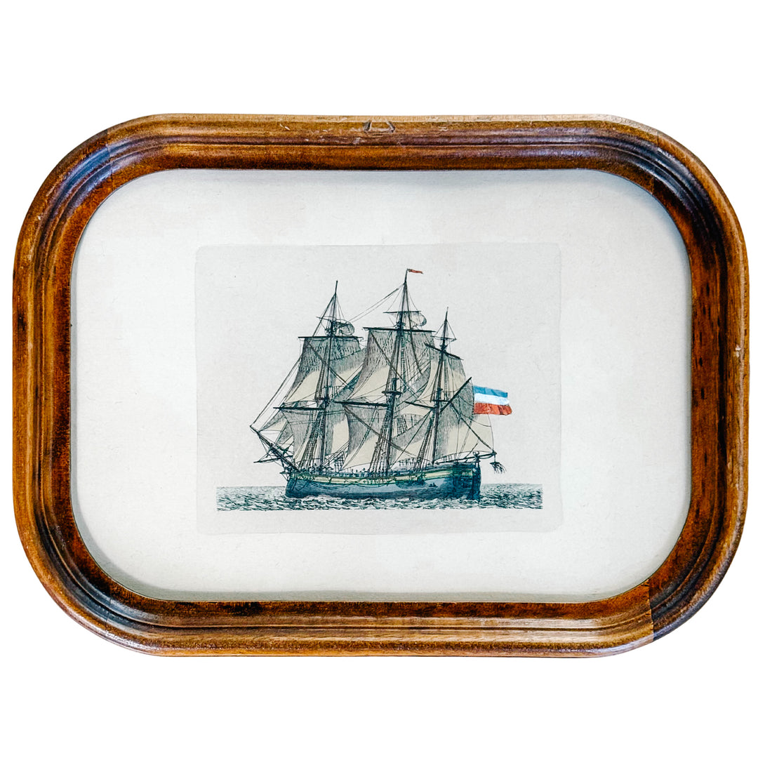 Pair of Mid-Century Nautical Hand-Colored Etchings of French Ships