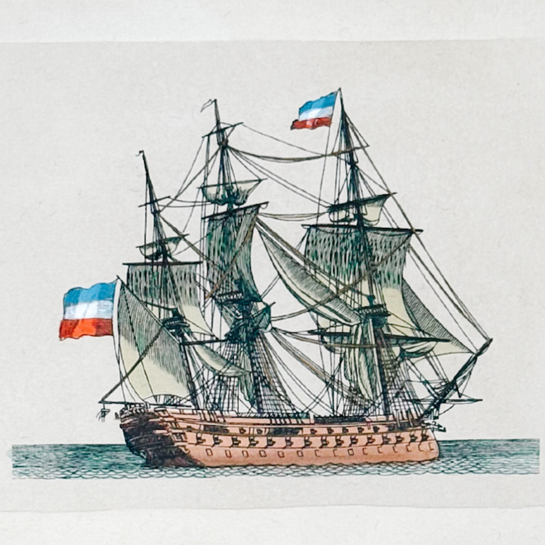 Pair of Mid-Century Nautical Hand-Colored Etchings of French Ships