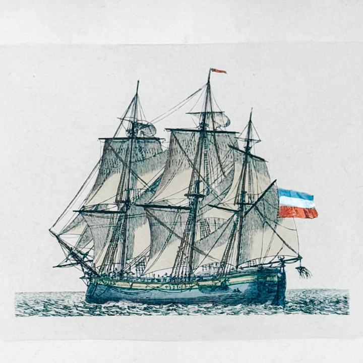 Pair of Mid-Century Nautical Hand-Colored Etchings of French Ships