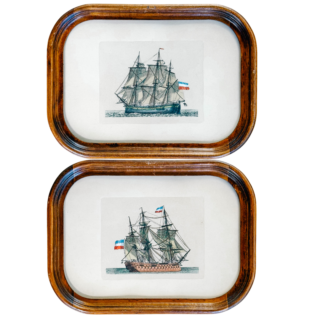 Pair of Mid-Century Nautical Hand-Colored Etchings of French Ships