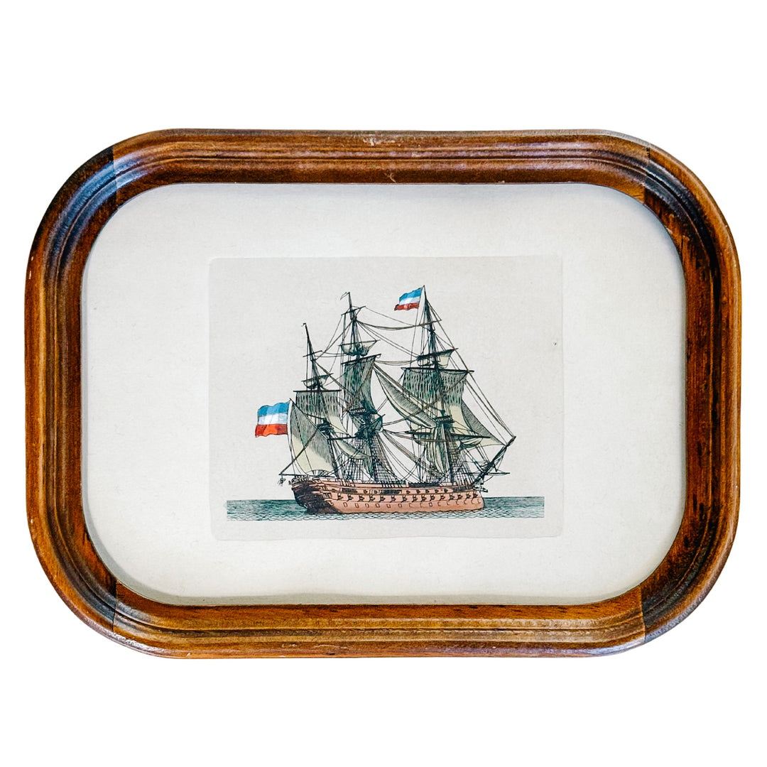 Pair of Mid-Century Nautical Hand-Colored Etchings of French Ships