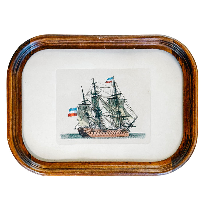 Pair of Mid-Century Nautical Hand-Colored Etchings of French Ships