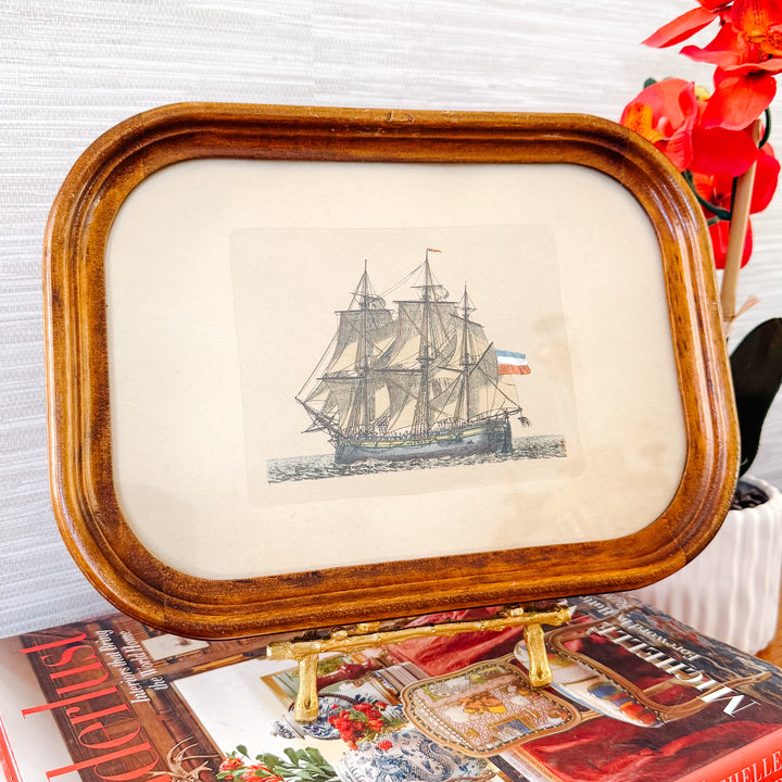 Pair of Mid-Century Nautical Hand-Colored Etchings of French Ships