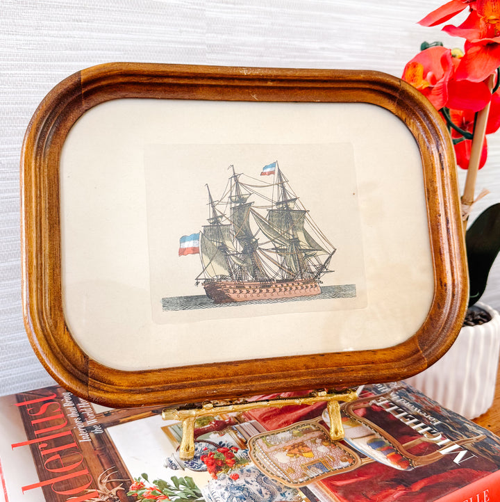 Pair of Mid-Century Nautical Hand-Colored Etchings of French Ships
