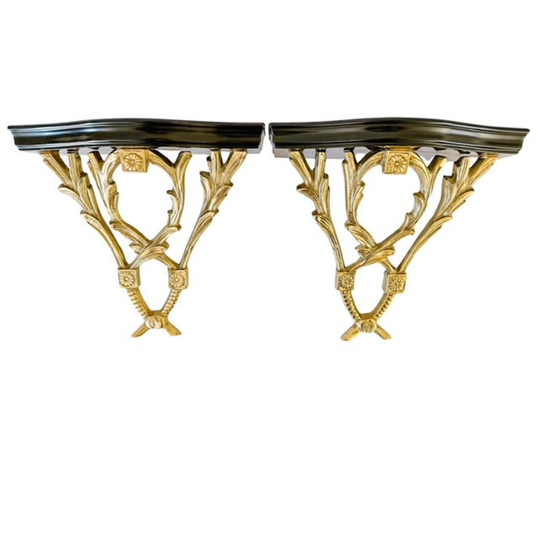 Pair of Neoclassical Cast Brass & Dark Cherry Wood Wall Brackets