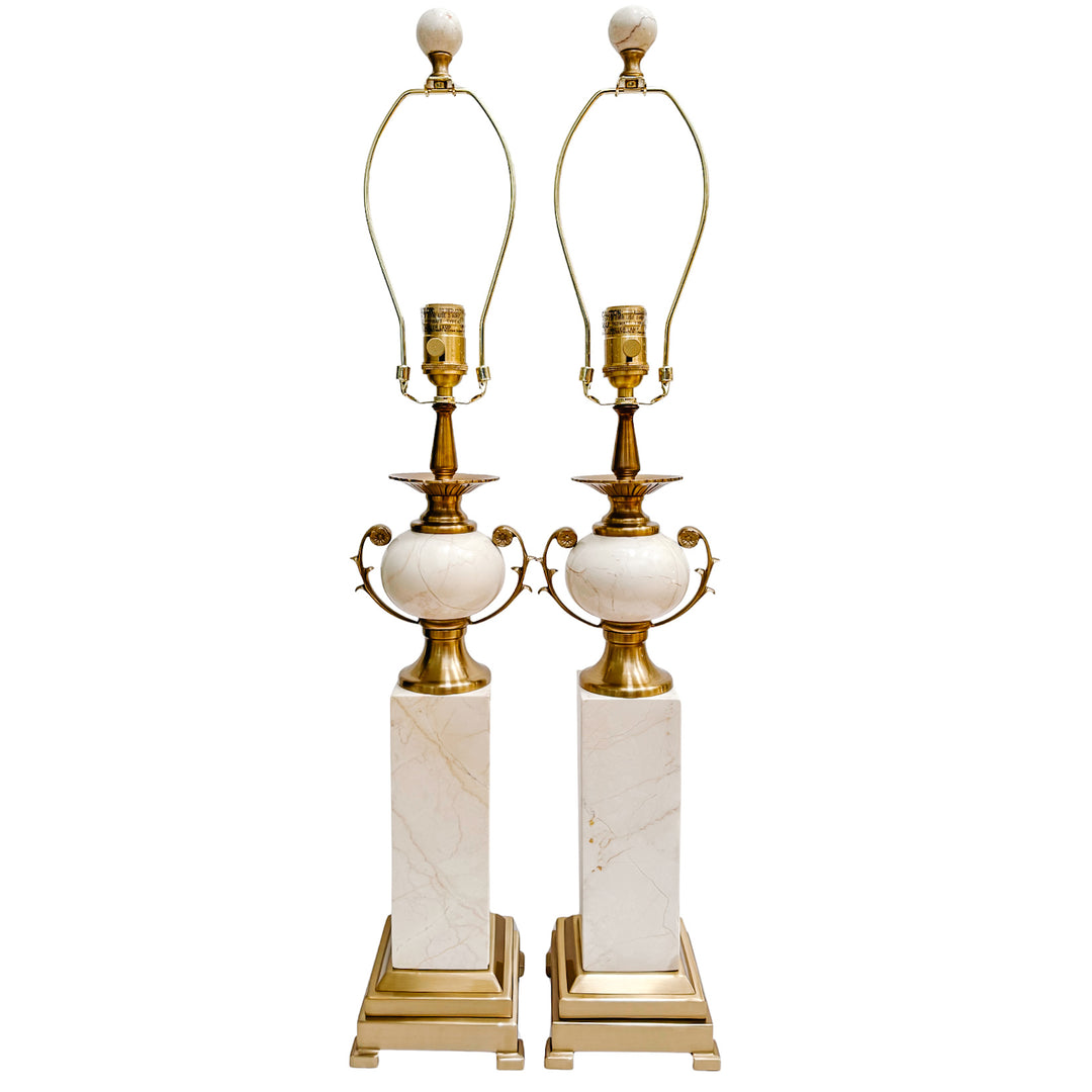 Pair of Neoclassical Cream Marble and Polished Brass Urn-Form Table Lamps