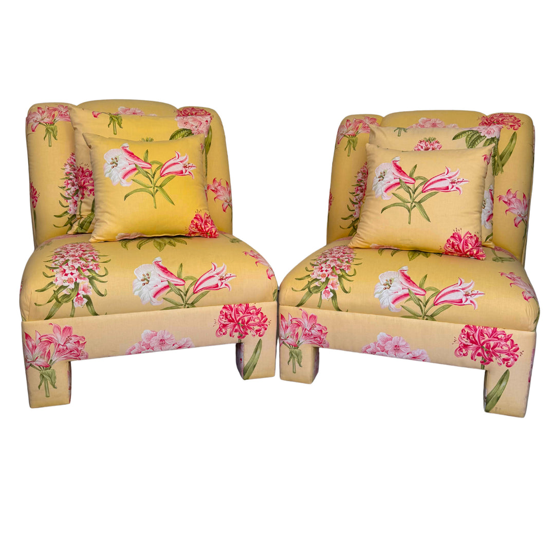 Pair of Palm Beach Regency Yellow Floral Slipper Chairs With Throw Pillows
