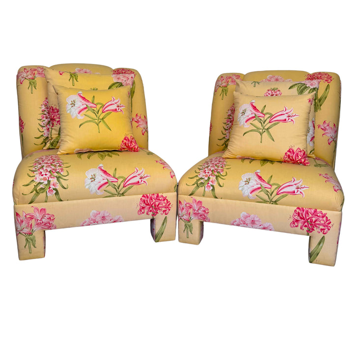 Pair of Palm Beach Regency Yellow Floral Slipper Chairs With Throw Pillows