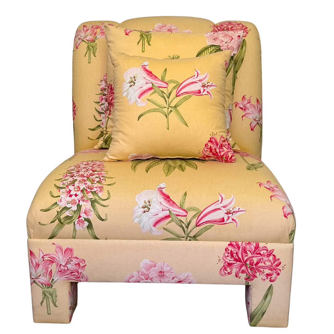 Pair of Palm Beach Regency Yellow Floral Slipper Chairs With Throw Pillows