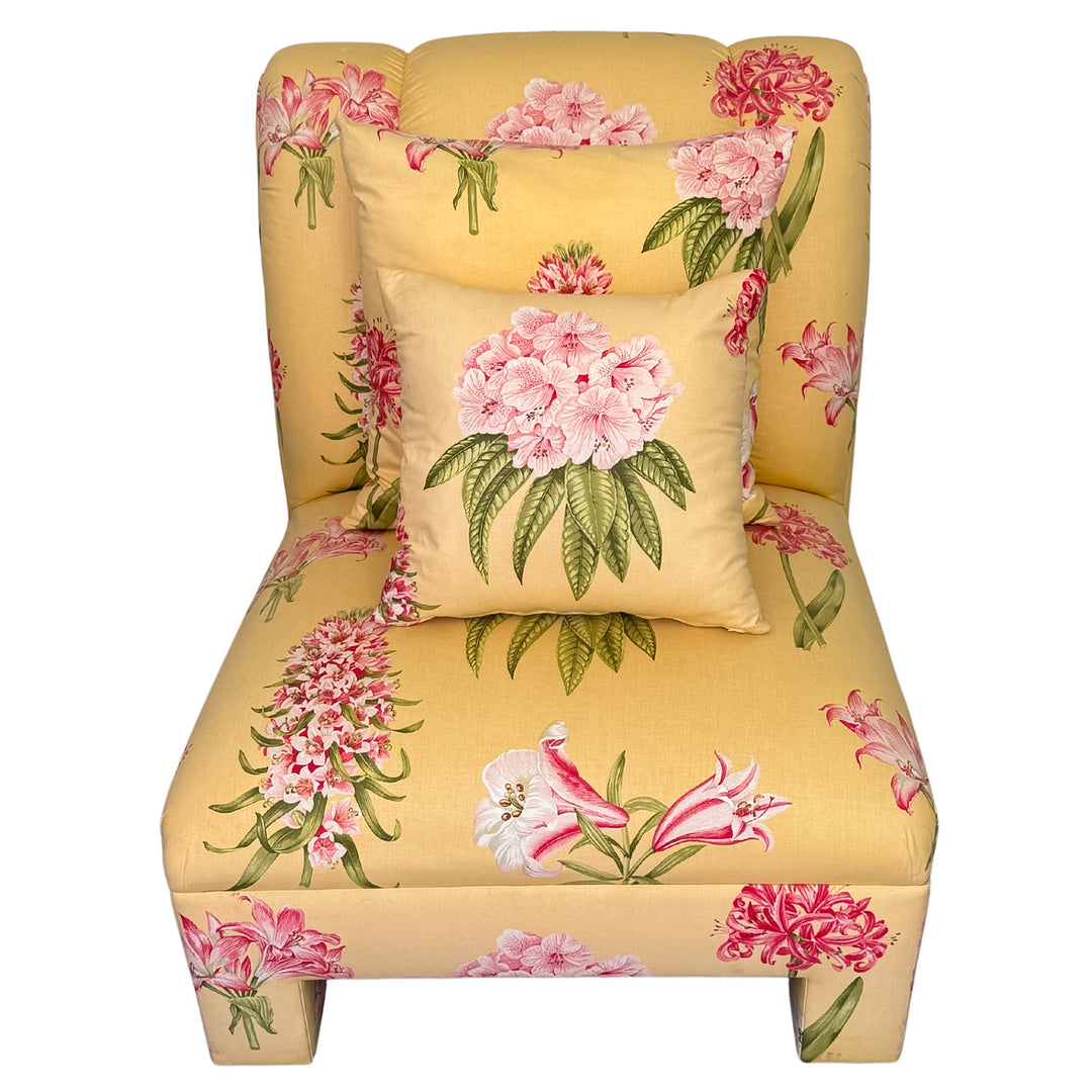 Pair of Palm Beach Regency Yellow Floral Slipper Chairs With Throw Pillows