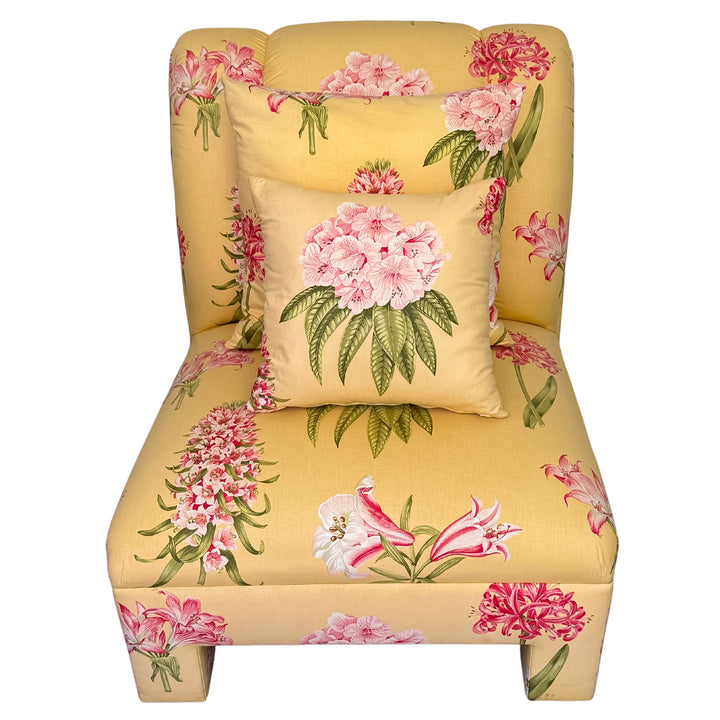 Pair of Palm Beach Regency Yellow Floral Slipper Chairs With Throw Pillows