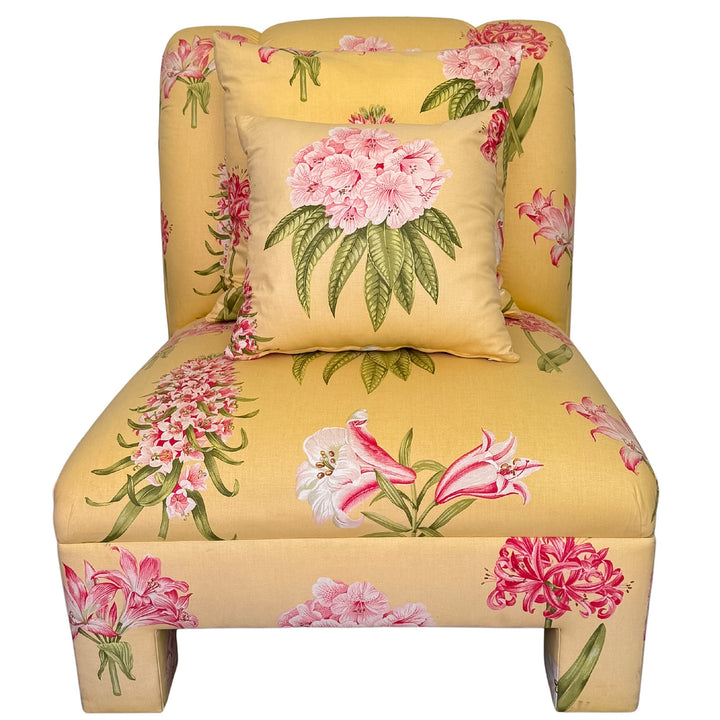Pair of Palm Beach Regency Yellow Floral Slipper Chairs With Throw Pillows