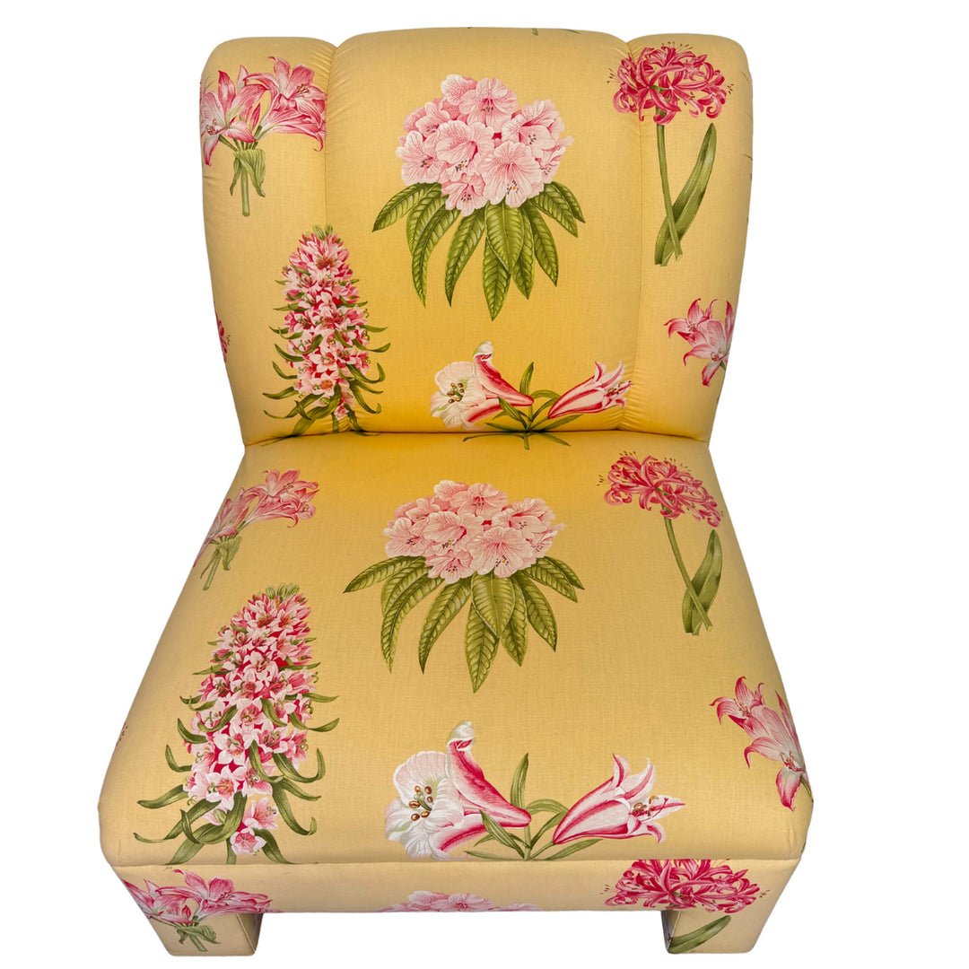 Pair of Palm Beach Regency Yellow Floral Slipper Chairs With Throw Pillows