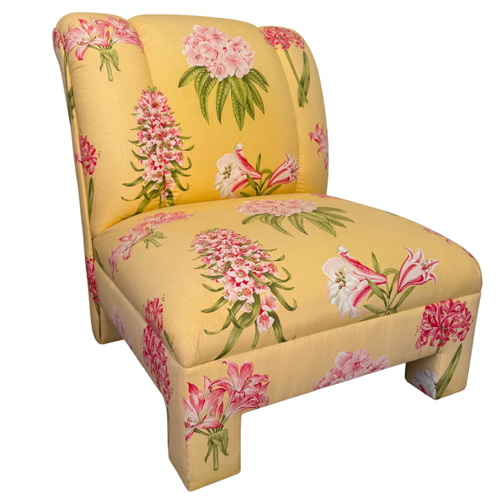 Pair of Palm Beach Regency Yellow Floral Slipper Chairs With Throw Pillows