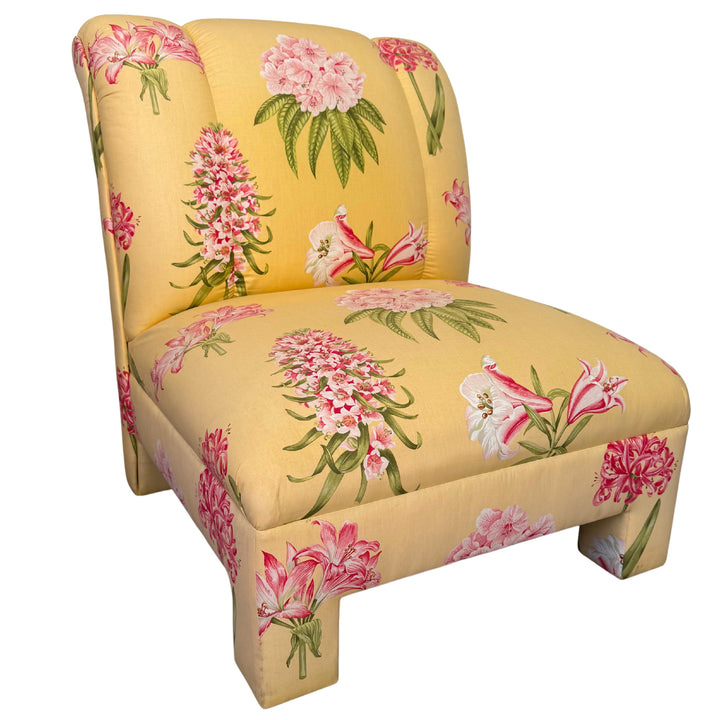 Pair of Palm Beach Regency Yellow Floral Slipper Chairs With Throw Pillows