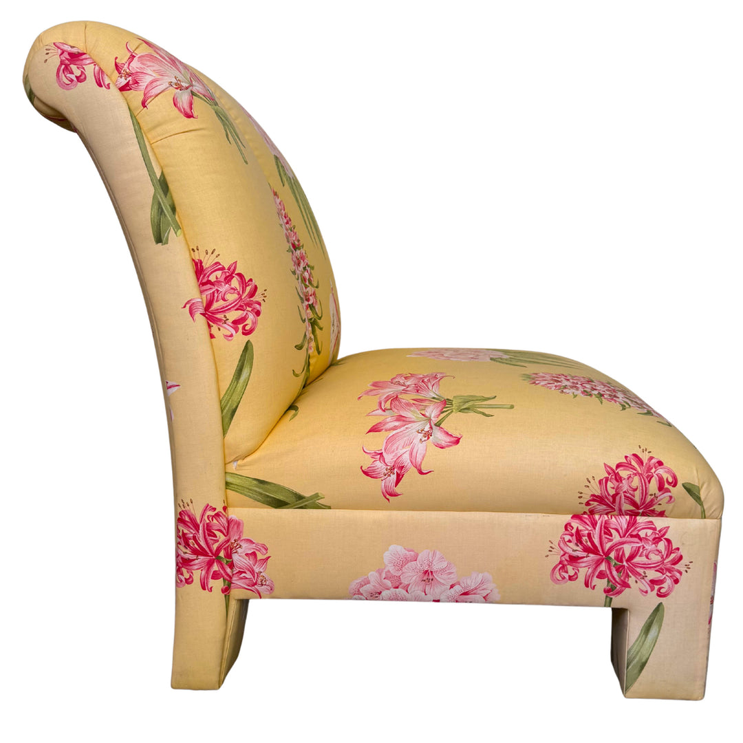 Pair of Palm Beach Regency Yellow Floral Slipper Chairs With Throw Pillows