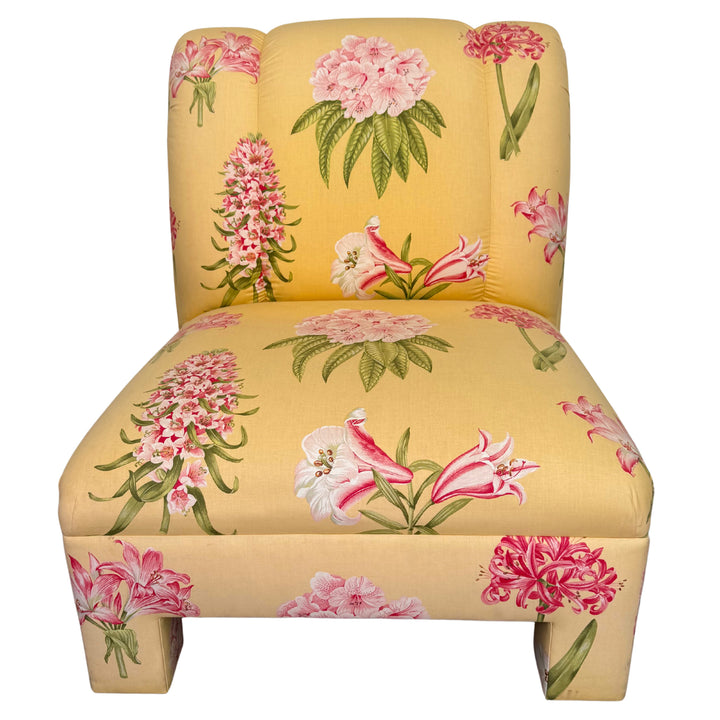 Pair of Palm Beach Regency Yellow Floral Slipper Chairs With Throw Pillows