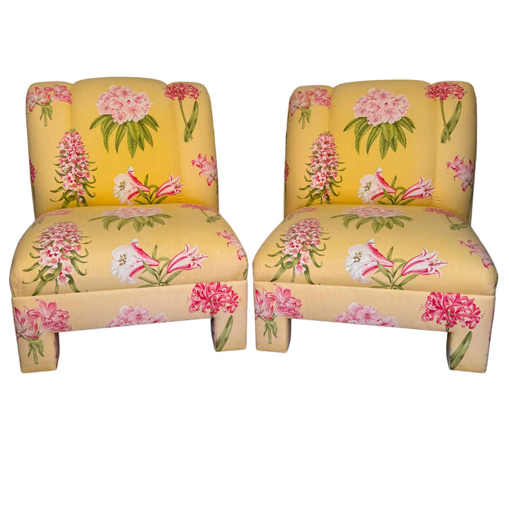 Pair of Palm Beach Regency Yellow Floral Slipper Chairs With Throw Pillows